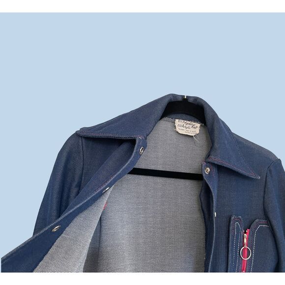 VTG Blue Knit Denim-look 70s jacket top pink accent zippers Med - Picture 5 of 7